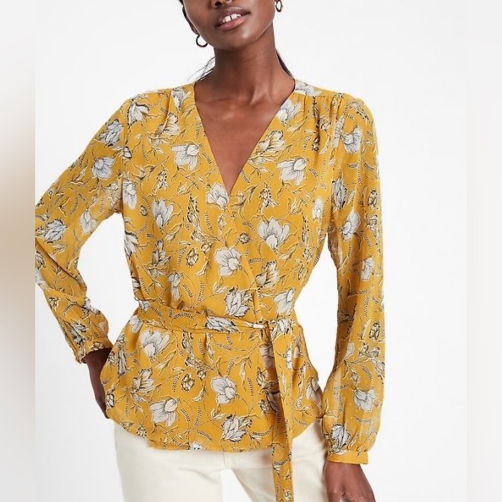 Banana Republic Mustard Floral Chiffon Wrap Blouse Top Tall Large Sheer Arms